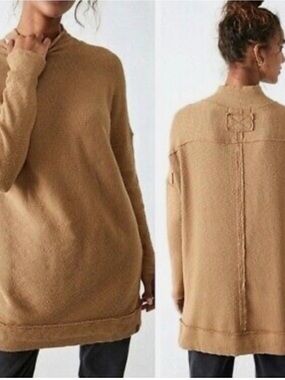 We The Free Sweater Womens XLarge Tan Caramel Mock Turtle Neck Tunic Pullover